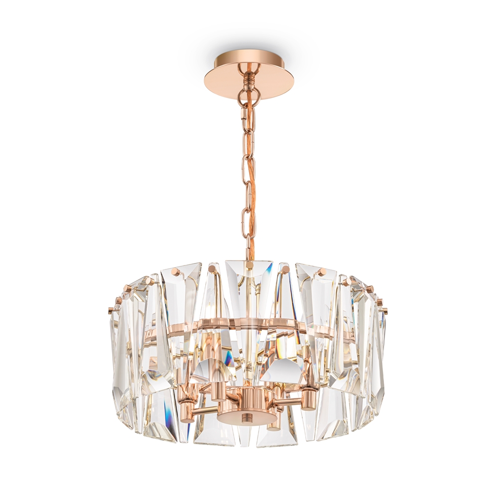 Puntes Ø38 Oro cristal De Maytoni - Puntes es una elegante l&aacute;mpara de techo realizada en metal de color dorado con prismas brillantes que rodean las fuentes de luz y crean un m&aacute;gico juego de luz cuando se enciende la l&aacute;mpara.