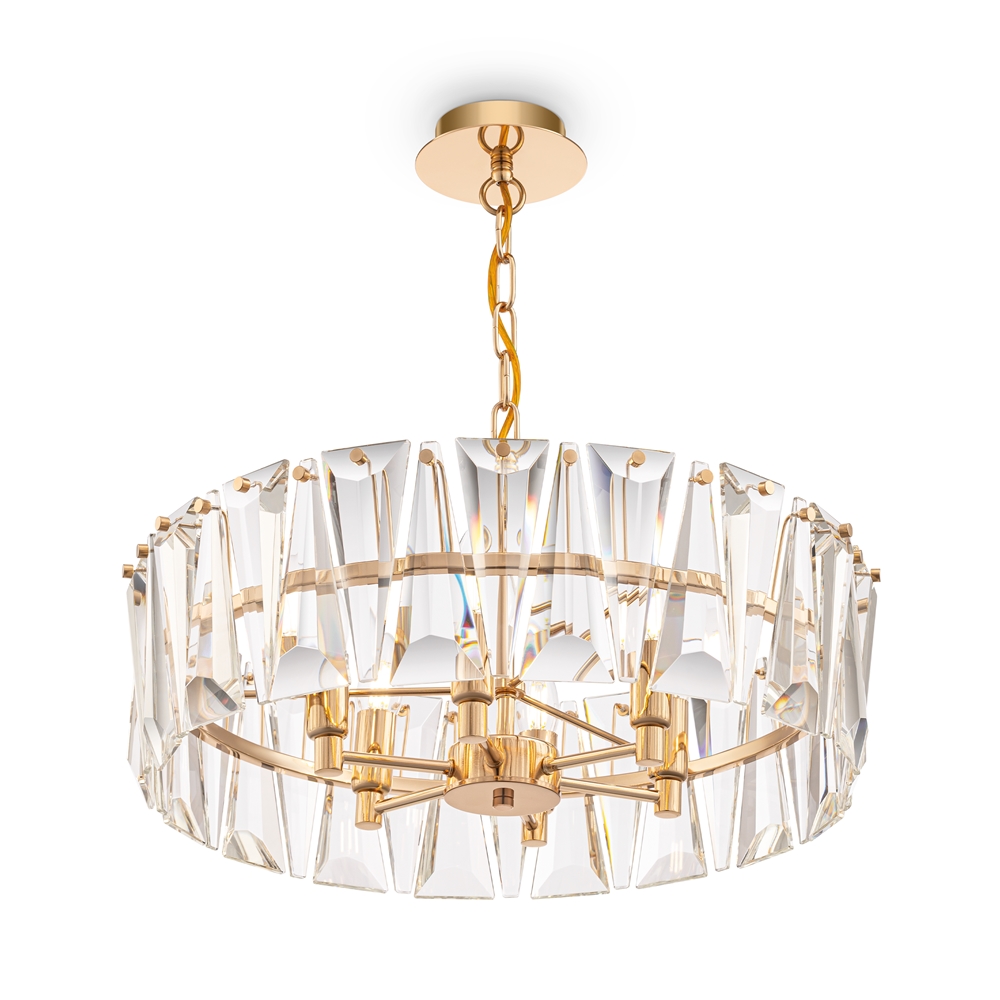 Puntes Ø52 Oro cristal De Maytoni - Puntes es una elegante l&aacute;mpara de techo realizada en metal de color dorado con prismas brillantes que rodean las fuentes de luz y crean un m&aacute;gico juego de luz cuando se enciende la l&aacute;mpara.