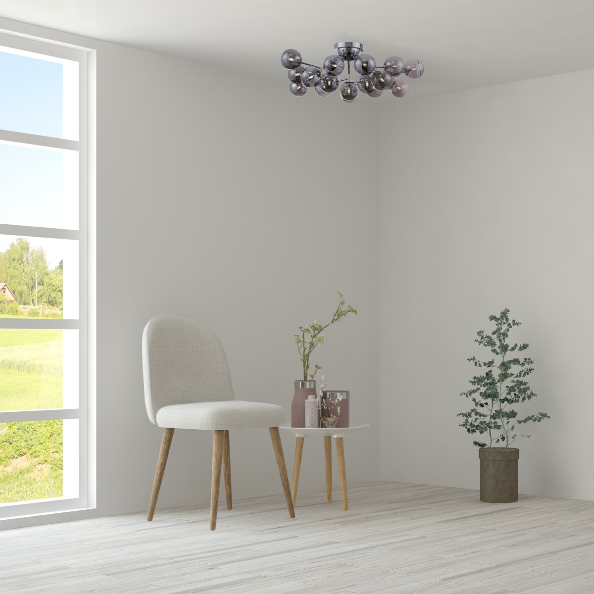 Dallas 20 Cromo plafón De Maytoni - Su diseño único, con cúpulas redondas de vidrio en diferentes direcciones, crea un juego de luz dramático y elegante que llena la habitación de calidez y carácter.