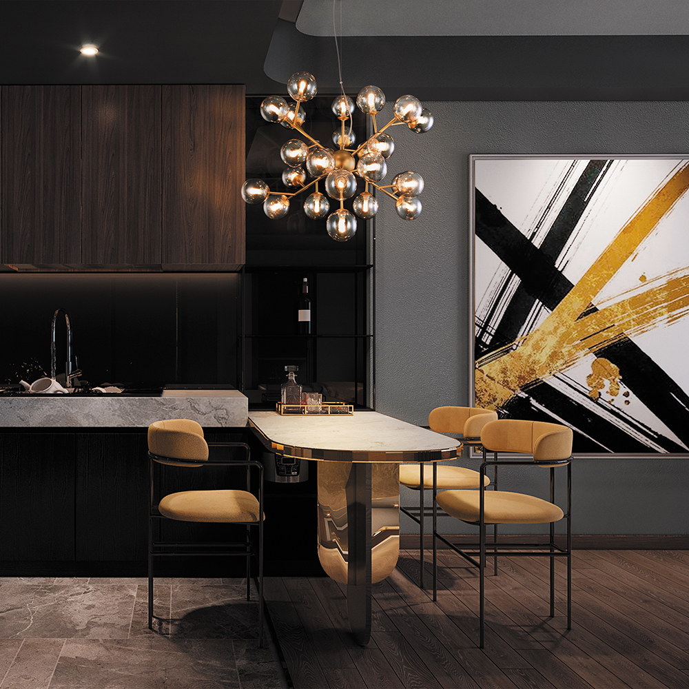 Dallas Ø65 Oro Lámpas de techo De Maytoni - Su diseño único, con cúpulas redondas de vidrio en diferentes direcciones, crea un juego de luz dramático y elegante que llena la habitación de calidez y carácter.