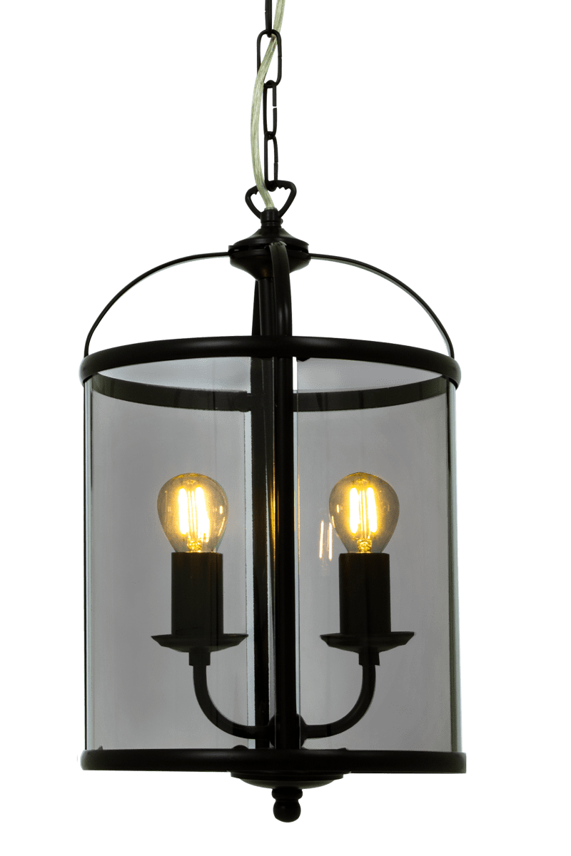 Budgie Ø23 Negro Lámpas de techo De Aneta Lighting - La lámpara cuelga de una cadena decorativa desde una campana de techo de metal con suspensión de gancho.