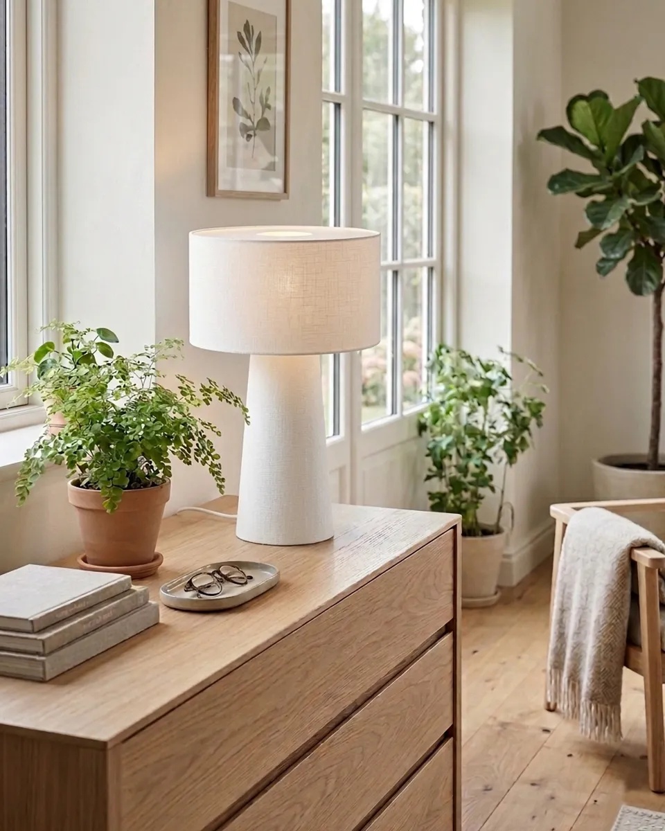 Linum 50cm Blanco lámpara de mesa De By Rydéns - El tejido de lino proporciona una luz c&aacute;lida y agradable, mientras que el parasol integrado garantiza una distribuci&oacute;n suave de la luz y crea un ambiente acogedor.