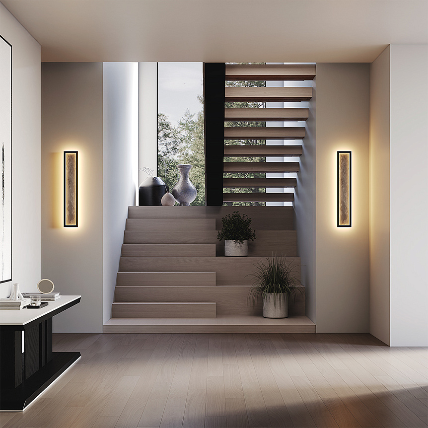 Orign 60cm Negro lámpara de pared De Maytoni - Orign es una l&aacute;mpara de pared de metal con una elegante imitaci&oacute;n de piedra en el centro, creando una impresi&oacute;n natural y exclusiva.