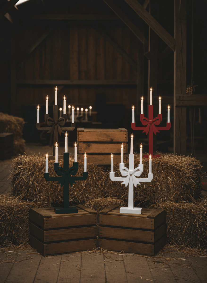 Kerstin mancha marrón De Pixie Design - Kerstin es un candelabro decorativo de madera te&ntilde;ida en marr&oacute;n oscuro, adornado con un gran lazo que le confiere un aspecto encantador y divertido.