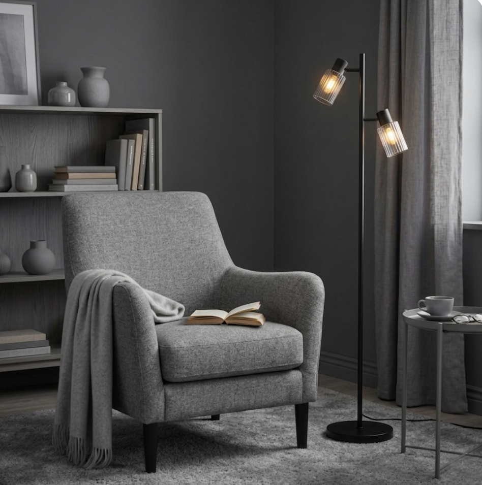 Kiera 2 Negro/Ahumado lámpara de pie De Cottex - Las pantallas en forma de cruz se pueden inclinar para dirigir la luz y crear un ambiente especial en la habitaci&oacute;n.