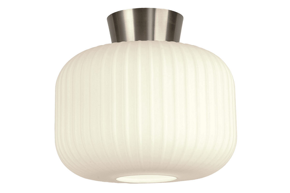Imagen ampliada de Vanja Ø28 Blanco/acero plafón De Aneta Lighting - El cristal blanco proporciona una luz uniforme y agradable, mientras que la placa de techo con aspecto de acero a&ntilde;ade un detalle elegante que le confiere un brillo c&aacute;lido.