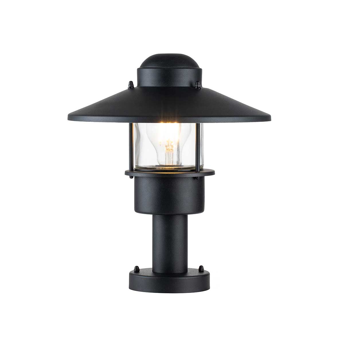 Klampenborg 32cm Negro De Elstead Lighting - Tillverkad av rostfritt st&aring;l i svart finish och glas, erbjuder den en robust konstruktion som st&aring;r emot v&auml;der och vind.