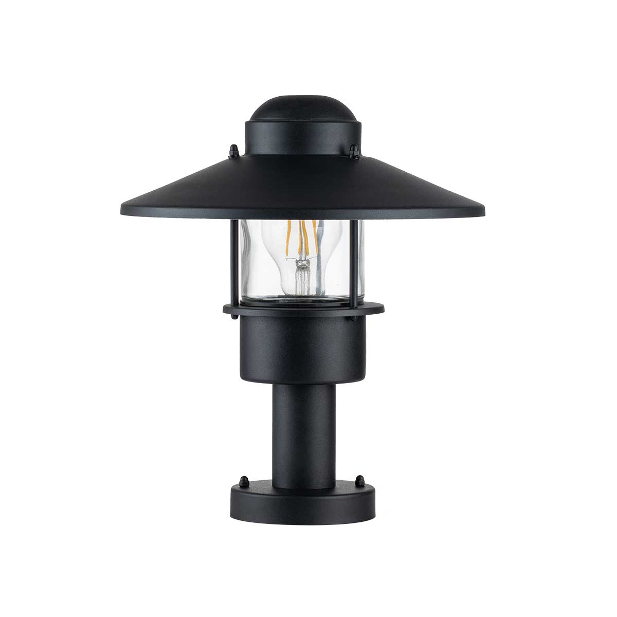 Klampenborg 32cm Negro De Elstead Lighting - Tillverkad av rostfritt st&aring;l i svart finish och glas, erbjuder den en robust konstruktion som st&aring;r emot v&auml;der och vind.