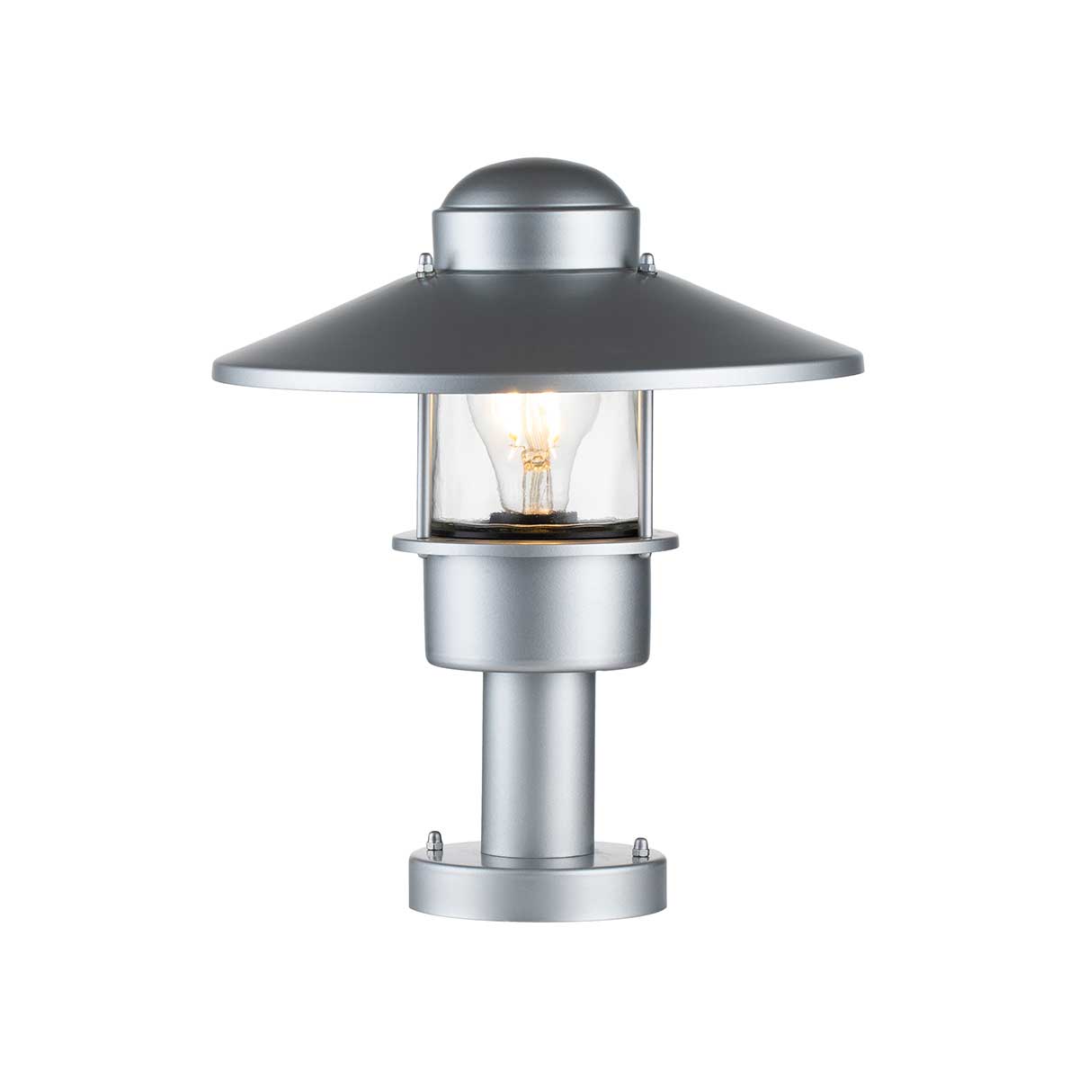 Klampenborg 32cm Plata De Elstead Lighting - Tillverkad av rostfritt st&aring;l i silverfinish och glas, erbjuder den en robust konstruktion som st&aring;r emot v&auml;der och vind.