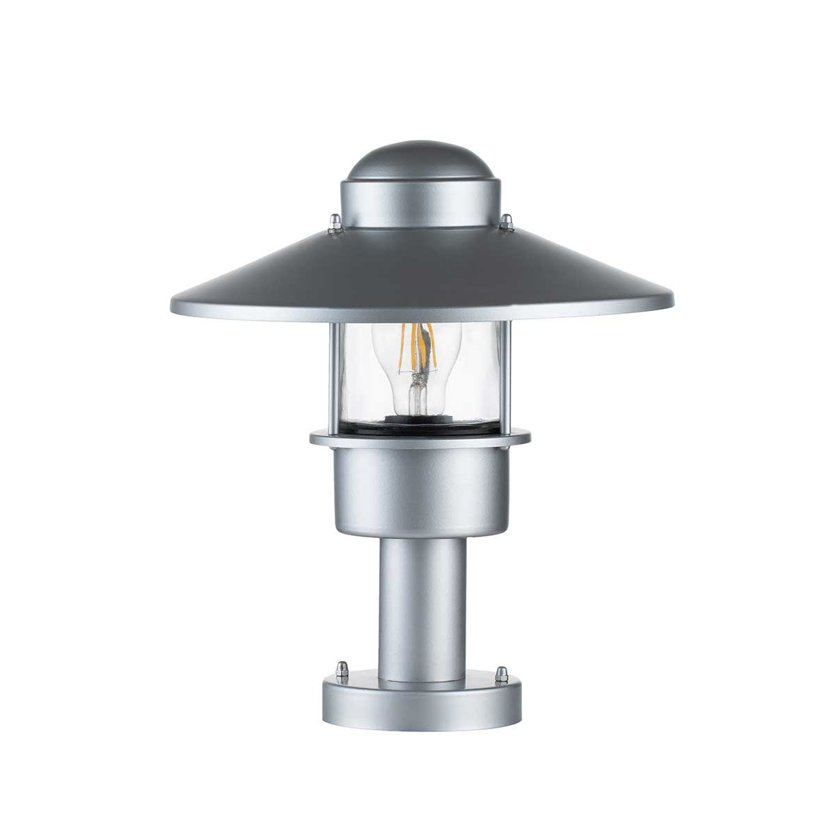 Klampenborg 32cm Plata De Elstead Lighting - Tillverkad av rostfritt st&aring;l i silverfinish och glas, erbjuder den en robust konstruktion som st&aring;r emot v&auml;der och vind.