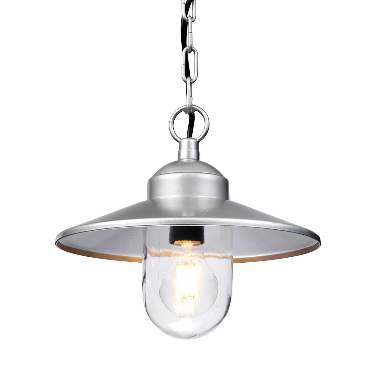 Klampenborg Ø28 Plata De Elstead Lighting - Tillverkad av rostfritt st&aring;l i silverfinish och glas, erbjuder den en robust konstruktion som st&aring;r emot v&auml;der och vind.