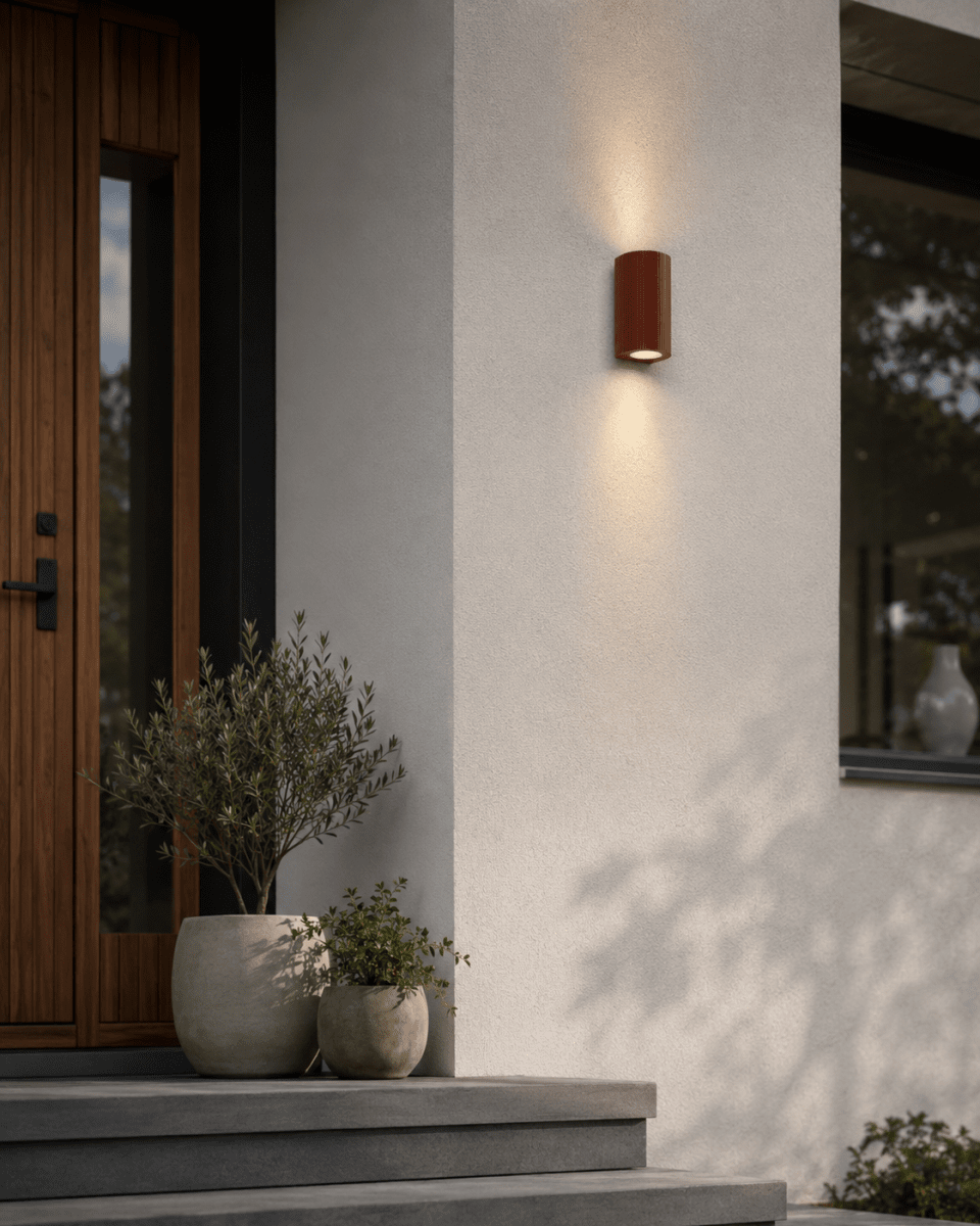 Freja Duo Óxido lámpara de exterior De Lampan - Fabricada en metal con un acabado en color naranja &oacute;xido y una textura decorativa acanalada, le confiere un aspecto vibrante y exclusivo.