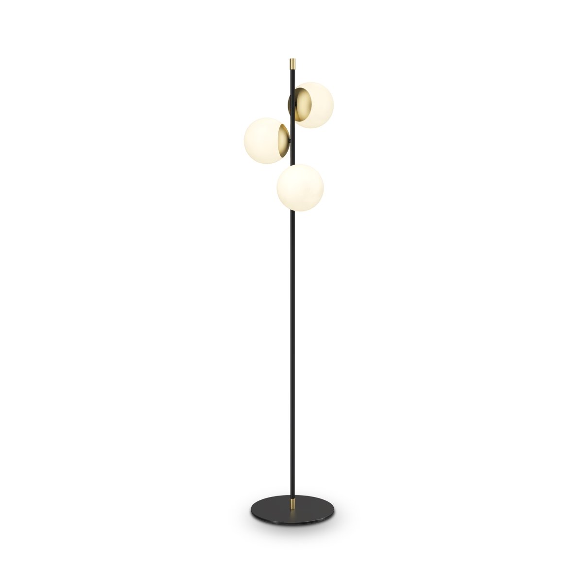 Nostalgia Oro lámpara de pie De Maytoni - La lámpara está realizada en metal con acabado dorado mate, mientras que las cúpulas esféricas están de vidrio esmerilado, lo que proporciona una luz suave y agradable.