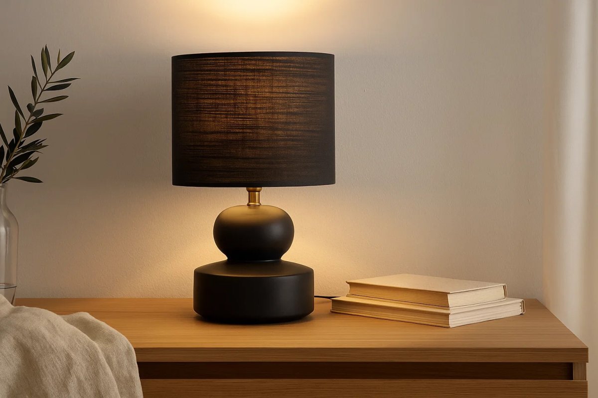 Muschi 36cm Negro lámpara de mesa De Nordic Lighting - La l&aacute;mpara de mesa "Pussy" negra presenta una moderna base de cer&aacute;mica con formas suavemente redondeadas y una pantalla de lino a juego.