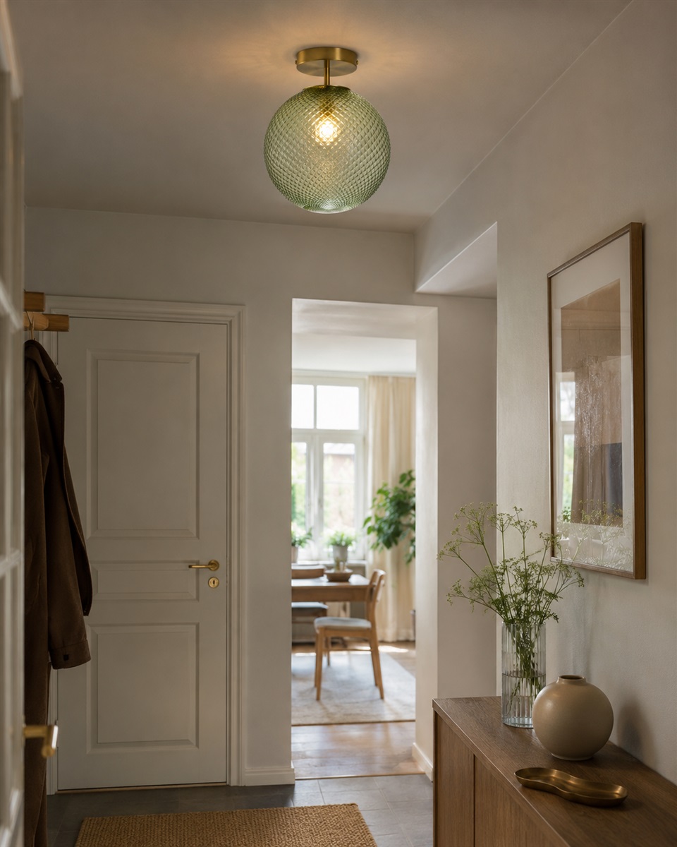 Korridor Ø25 Verde plafón De Lampan - Corridor es una elegante l&aacute;mpara de techo que combina materiales cl&aacute;sicos con un toque decorativo.