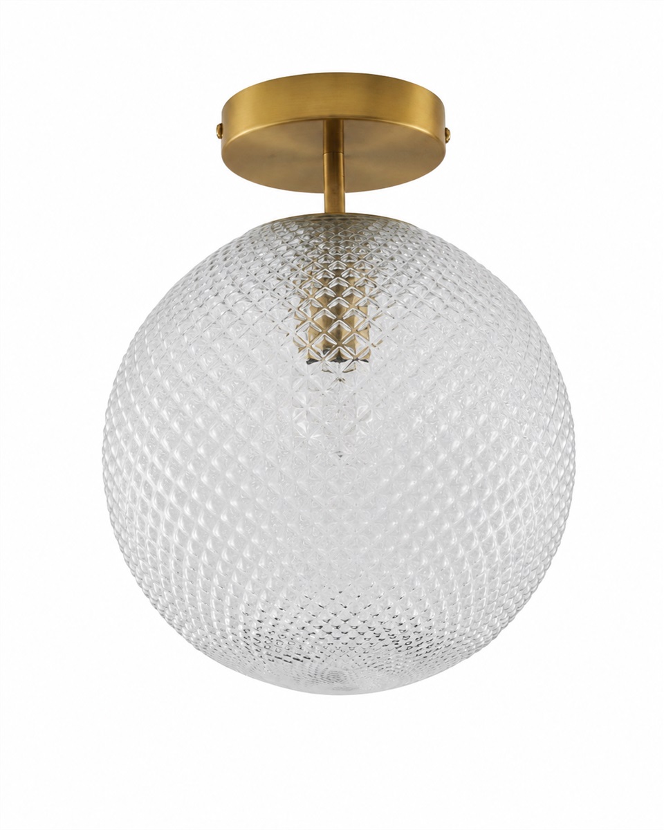 Korridor Ø25 Transparente plafón De Lampan - Su elegante estructura de lat&oacute;n cepillado se une a una pantalla redonda de cristal transparente de gran belleza.