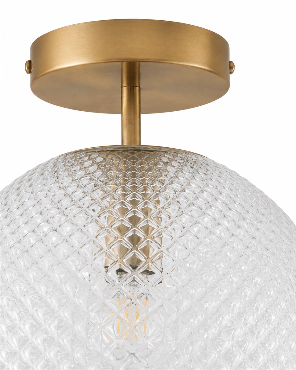 Korridor Ø25 Transparente plafón De Lampan - Su elegante estructura de lat&oacute;n cepillado se une a una pantalla redonda de cristal transparente de gran belleza.