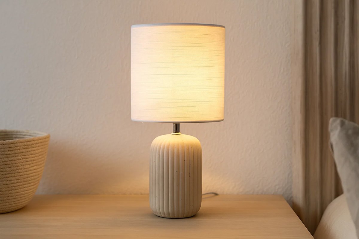 Palizzo 33cm Beige lámpara de mesa De Nordic Lighting - La l&aacute;mpara de mesa Palizzo presenta una base de cer&aacute;mica beige con elegantes nervaduras verticales y una pantalla de lino blanco.