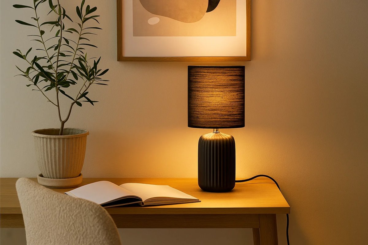Palizzo 33cm Negro lámpara de mesa De Nordic Lighting - La l&aacute;mpara de mesa Palizzo en negro presenta una elegante base de cer&aacute;mica con elegantes ranuras y una pantalla de lino a juego.