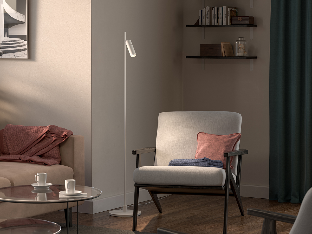 Pipeline 1 Blanco mate lámpara de pie De Herstal - Con una altura de 132,3 cm y un di&aacute;metro de base de 20 cm, Pipeline ofrece una presencia estable y elegante adecuada para salas de estar, dormitorios y oficinas en casa.