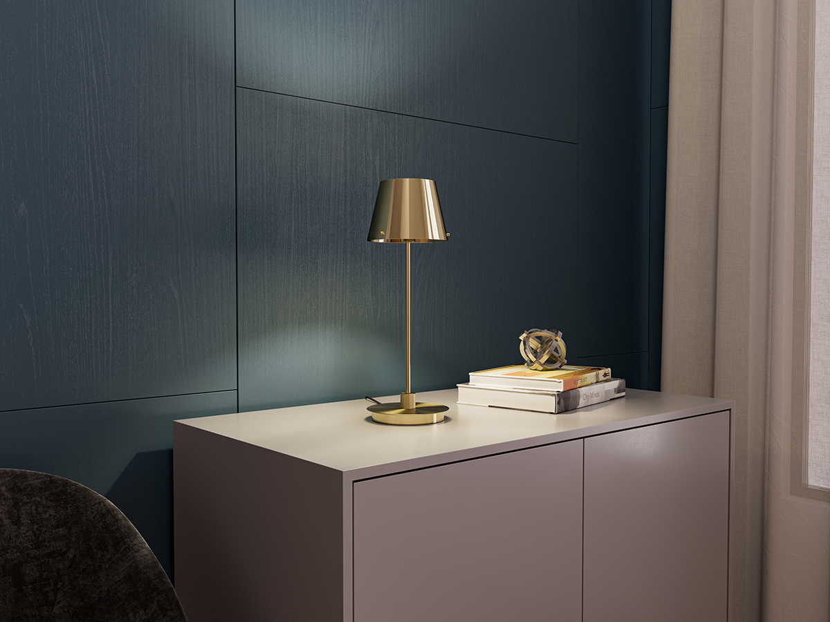 Gil il Grande 37cm Latón satinado lámpara de mesa De Herstal - La lámpara de mesa Gil il Grande impresiona por su diseño moderno y elegante en metal con un sofisticado acabado en latón satinado.