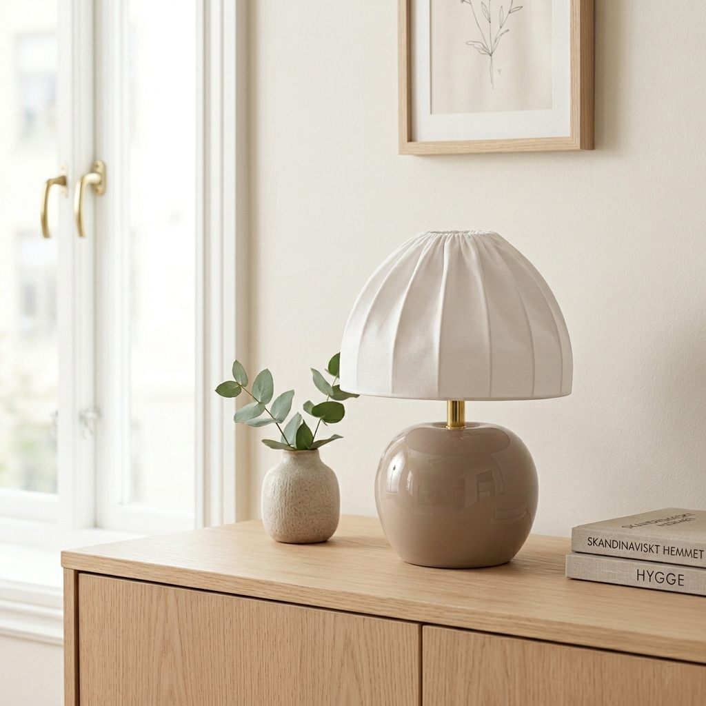 Peach 27cm Beige lámpara de mesa De Cottex - La pantalla de tela blanca con su elegante dise&ntilde;o plisado contrasta maravillosamente con la base de tonos tierra y proporciona una luz suave y agradable.