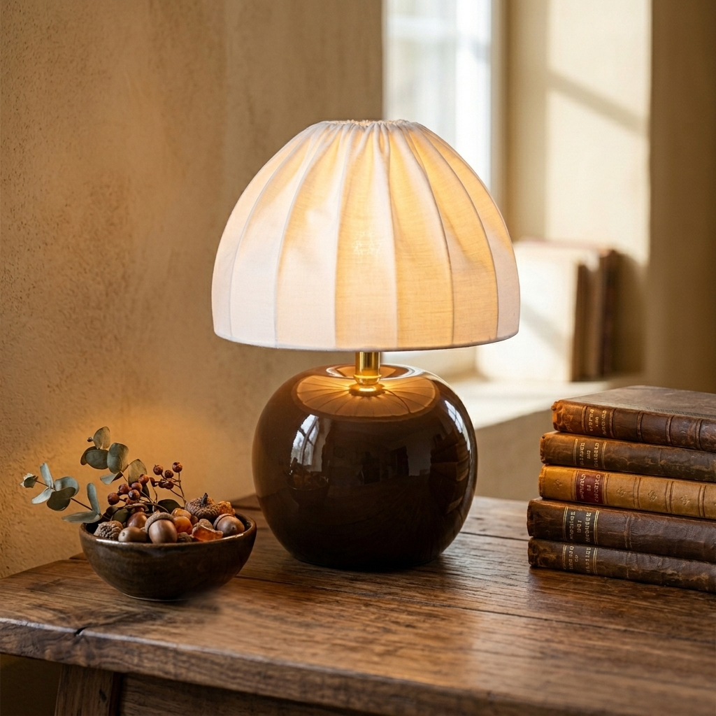 Peach 27cm Marrón lámpara de mesa De Cottex - La pantalla de tela blanca con su elegante dise&ntilde;o plisado contrasta maravillosamente con la base de tonos tierra y difunde una luz suave y agradable.