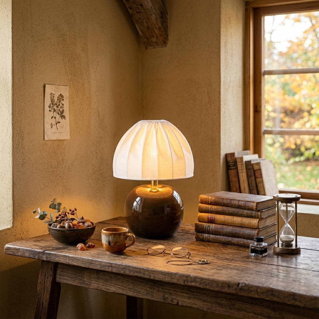 Peach 27cm Marrón lámpara de mesa De Cottex - La pantalla de tela blanca con su elegante dise&ntilde;o plisado contrasta maravillosamente con la base de tonos tierra y difunde una luz suave y agradable.