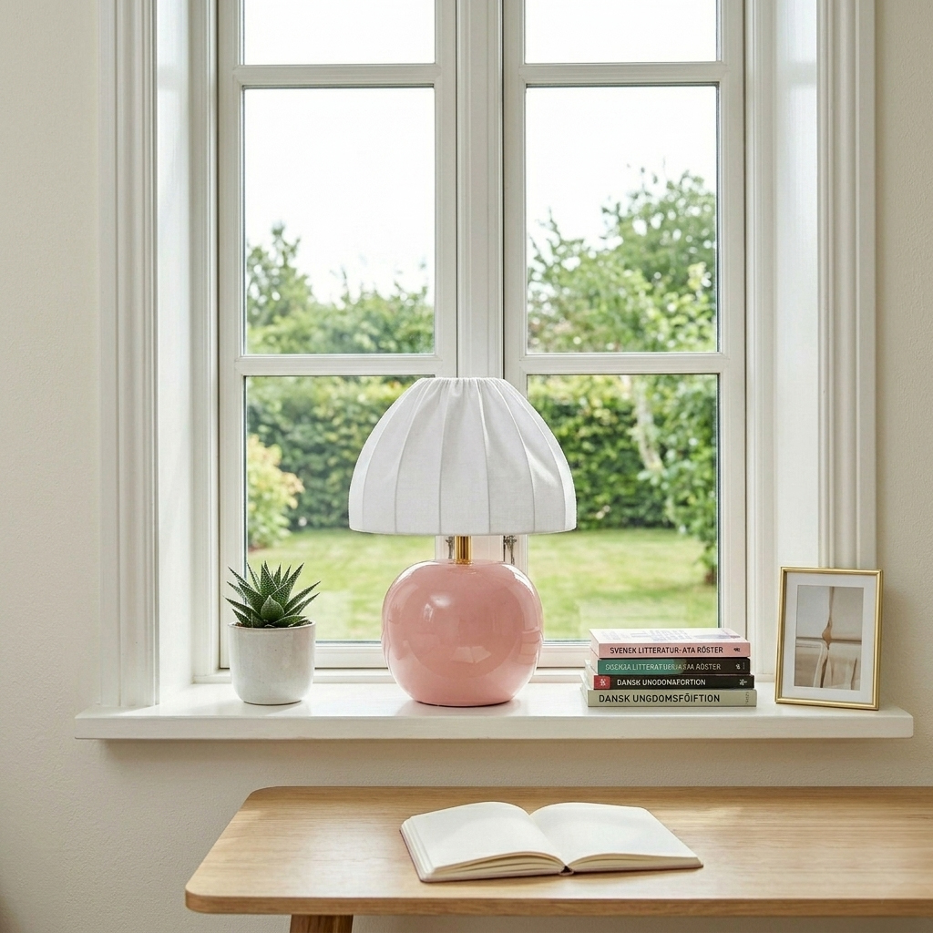 Peach 27cm Rosa lámpara de mesa De Cottex - La pantalla de tela blanca con su elegante dise&ntilde;o plisado contrasta maravillosamente con la base colorida y proporciona una luz suave y agradable.