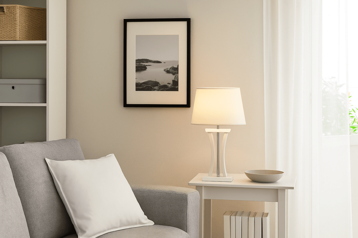 Pilastro 48cm Blanco lámpara de mesa De Lampan - Con su elegante pantalla textil ovalada de color blanco y su base de metal &uacute;nica, deja una impresi&oacute;n elegante, ya sea que la coloques en la sala de estar, el dormitorio o en el balc&oacute;n.