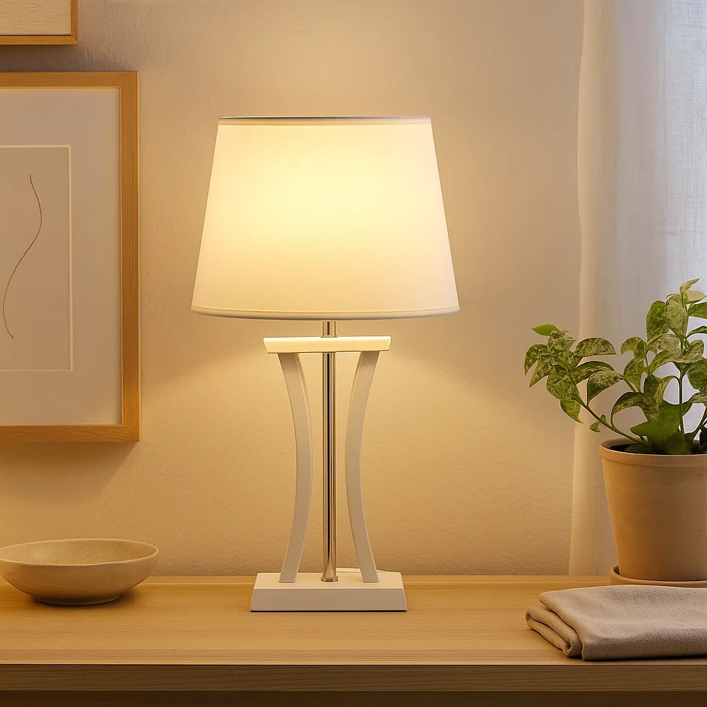 Pilastro 48cm Blanco lámpara de mesa De Lampan - Con su elegante pantalla textil ovalada de color blanco y su base de metal &uacute;nica, deja una impresi&oacute;n elegante, ya sea que la coloques en la sala de estar, el dormitorio o en el balc&oacute;n.