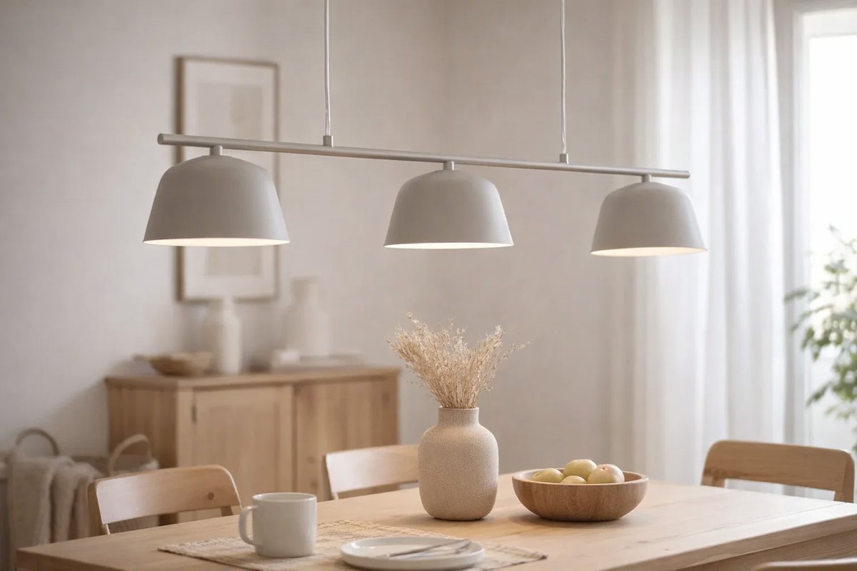 Pop 125cm Beige Lámpas de techo De Nordic Lighting - La elegante l&aacute;mpara de techo met&aacute;lica Pop, con su suave acabado beige, transmite una sensaci&oacute;n de calma y modernidad.