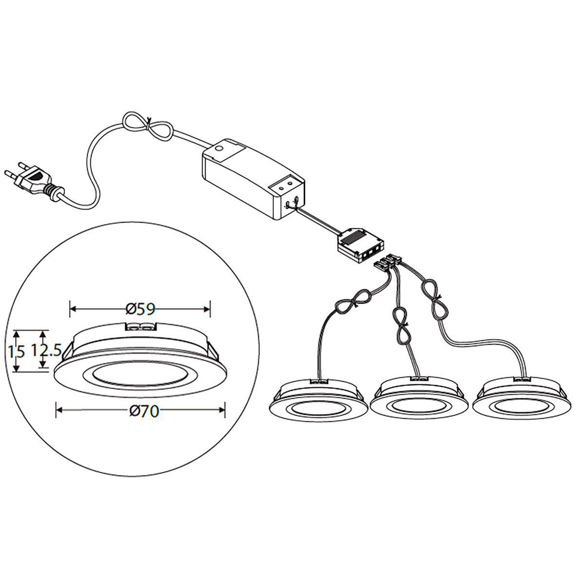 QB-307 Downlight 2700K Pack De 3 Blanco De Designlight - Incluye un cable de 2 metros desde el enchufe hasta el controlador y un cable de casi 2 metros desde la caja de conexiones hasta cada luz.