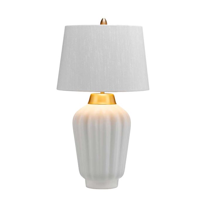 Bexley 56cm Blanco lámpara de mesa De Elstead Lighting - Den levereras med en avsmalnande lampsk&auml;rm i ljus elfenbensf&auml;rgad konstsilke med en m&auml;ssingf&auml;rgad insida, handgjord i Storbritannien.