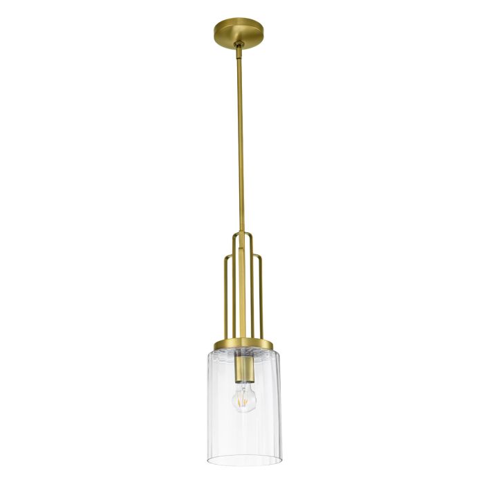 Kimrose Ø18 Latón cepillado Lámpas de techo De Elstead Lighting - La pantalla de vidrio cilíndrica es transparente y presenta ranuras verticales que crean un efecto de iluminación único y sutil.