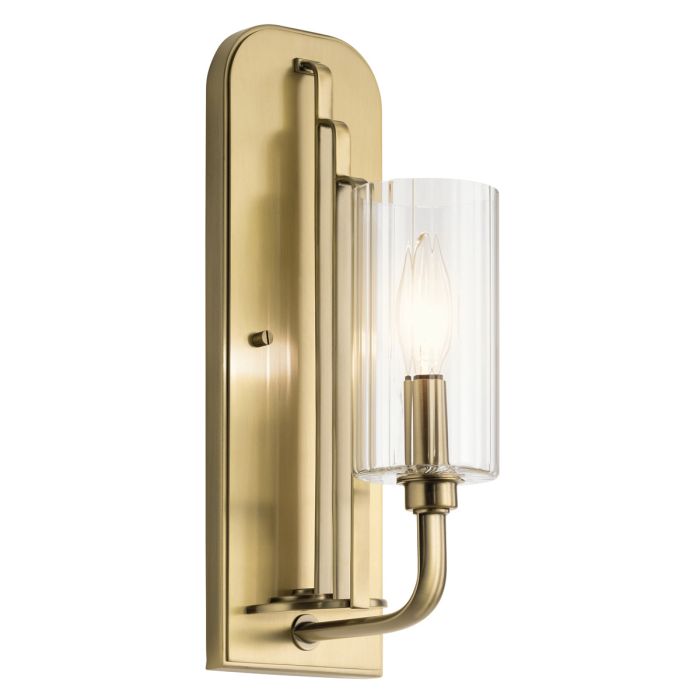 Kimrose 35cm Latón cepillado lámpara de pared De Elstead Lighting - La pantalla de vidrio cil&iacute;ndrica es transparente y presenta ranuras verticales que crean un efecto de iluminaci&oacute;n &uacute;nico y sutil.