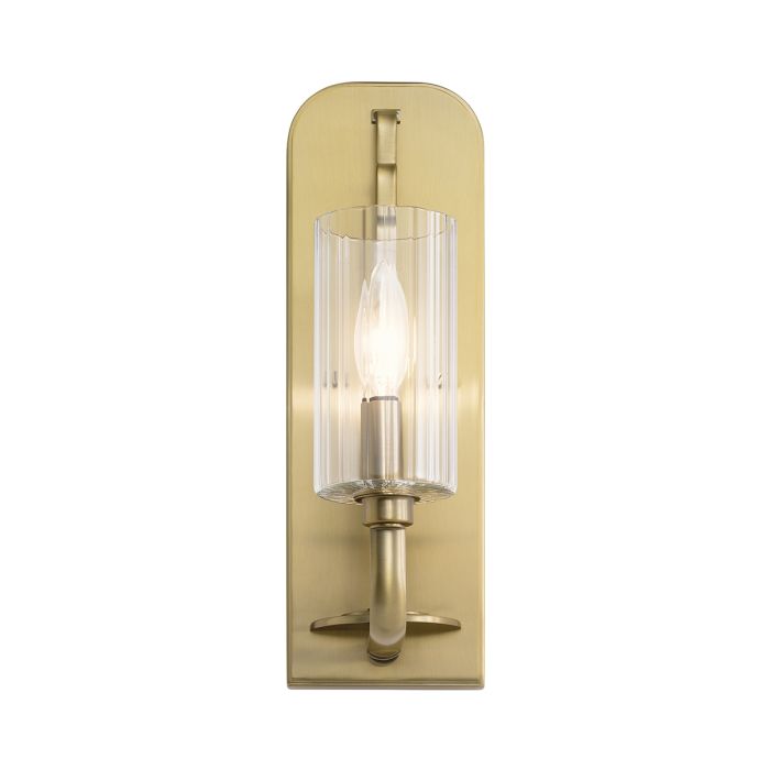 Kimrose 35cm Latón cepillado lámpara de pared De Elstead Lighting - La pantalla de vidrio cil&iacute;ndrica es transparente y presenta ranuras verticales que crean un efecto de iluminaci&oacute;n &uacute;nico y sutil.
