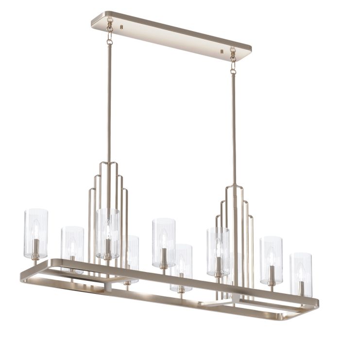 Kimrose 114cm Níquel Lámpas de techo De Elstead Lighting - Las pantallas de vidrio cilíndricas son transparentes y presentan ranuras verticales, creando un efecto de iluminación único y sutil.