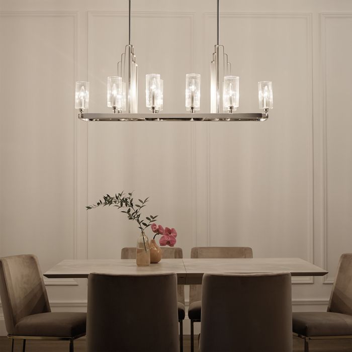 Kimrose 114cm Níquel Lámpas de techo De Elstead Lighting - Las pantallas de vidrio cilíndricas son transparentes y presentan ranuras verticales, creando un efecto de iluminación único y sutil.