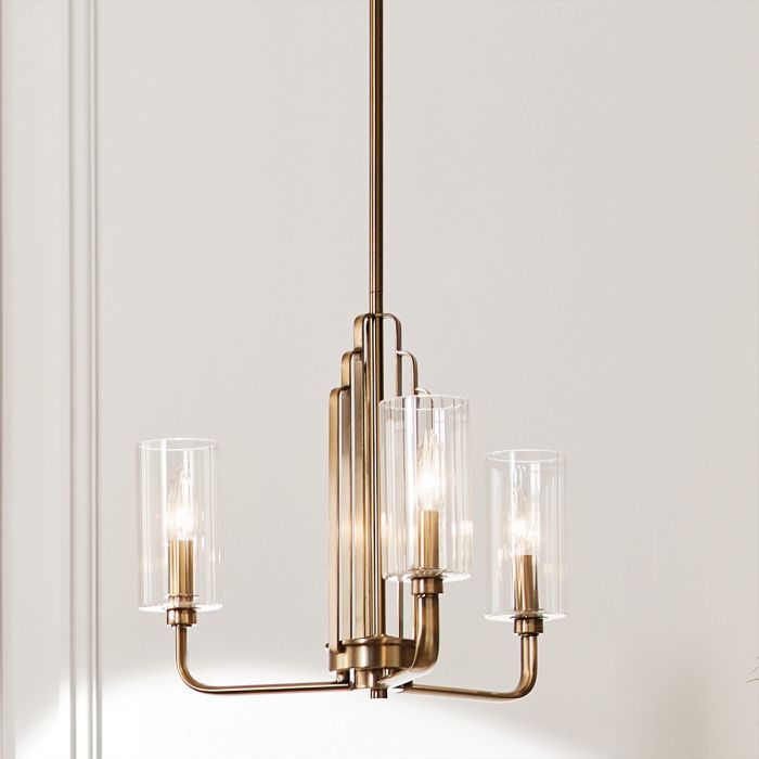 Kimrose Ø45 Latón cepillado Lámpas de techo De Elstead Lighting - Las pantallas de vidrio cilíndricas son transparentes y presentan ranuras verticales, creando un efecto de iluminación único y sutil.