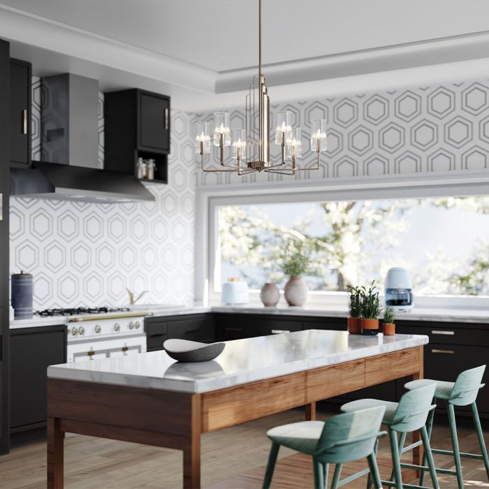 Kimrose Ø68 Níquel Lámpas de techo De Elstead Lighting - Las pantallas de vidrio cilíndricas son transparentes y presentan ranuras verticales, creando un efecto de iluminación único y sutil.