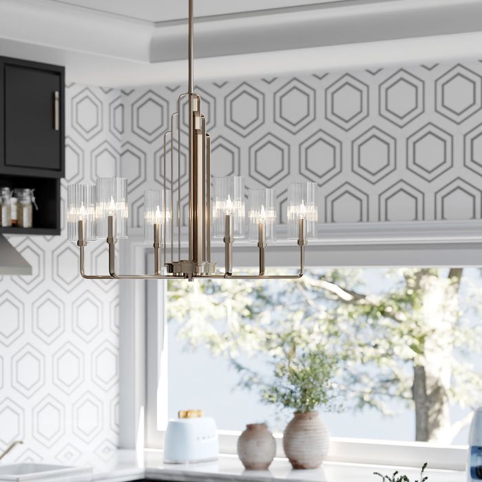 Kimrose Ø68 Níquel Lámpas de techo De Elstead Lighting - Las pantallas de vidrio cilíndricas son transparentes y presentan ranuras verticales, creando un efecto de iluminación único y sutil.