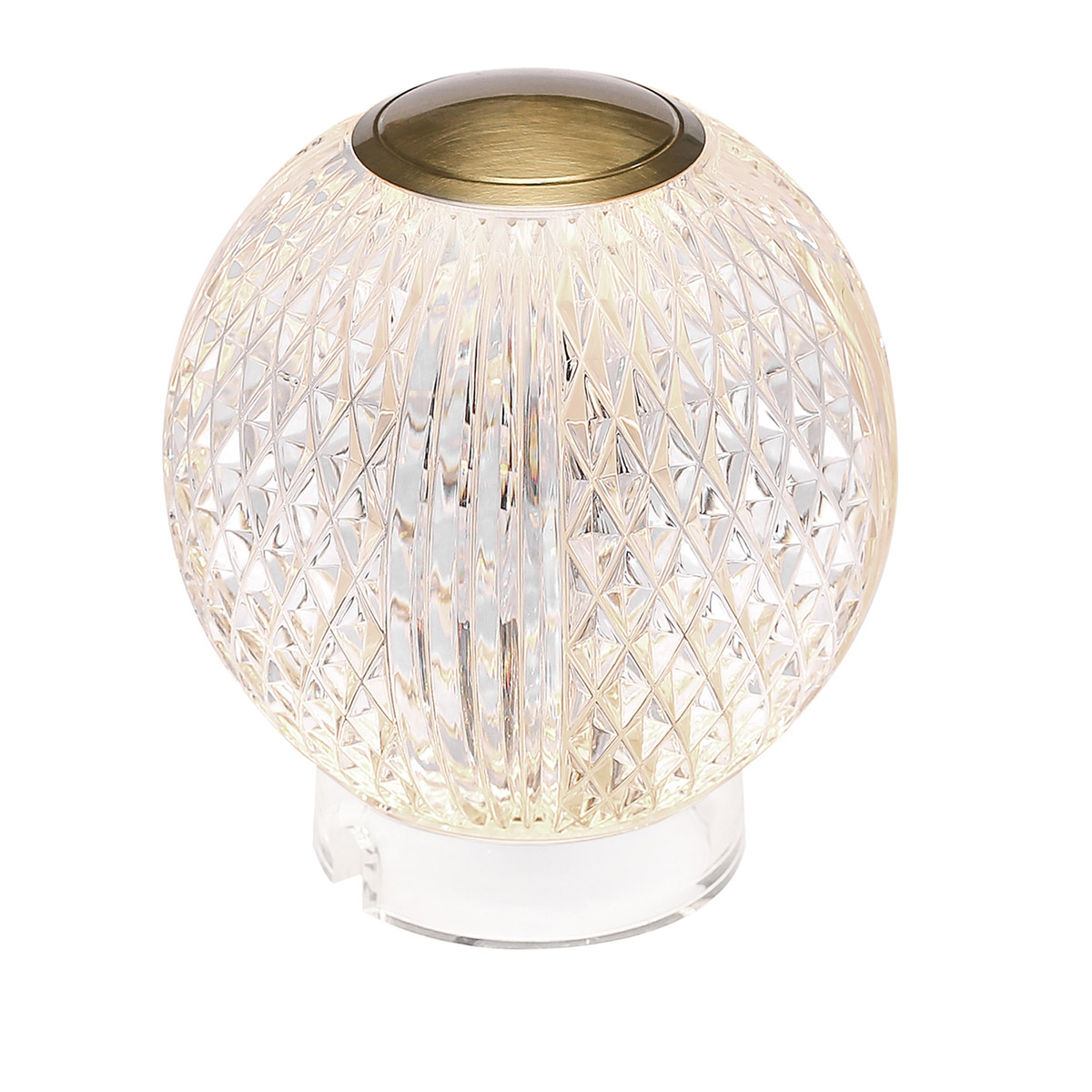 Marni 10cm Transparente portátil De Elstead Lighting - Marni es una elegante lámpara de mesa recargable con un diseño decorativo que combina acero con acabado de latón natural y acrílico transparente con estampado.