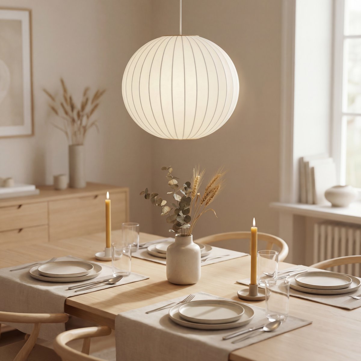 Kanoa Ø40 Blanco Lámpas de techo De Aneta Lighting - Al encenderla, la l&aacute;mpara emite una luz agradable que se filtra a trav&eacute;s de la tela, contribuyendo a una atm&oacute;sfera c&aacute;lida y acogedora en la habitaci&oacute;n.