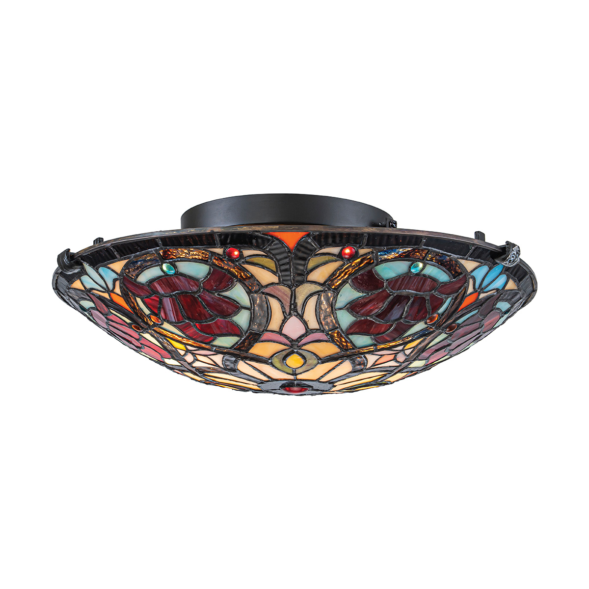 Larissa Ø42 Multicolor De Elstead Lighting - Su pantalla en forma de cuenco está hecha de cristal acrílico de colores en hermosos tonos de rojo, azul, rosa y amarillo, creando un patrón vibrante y lleno de detalles.