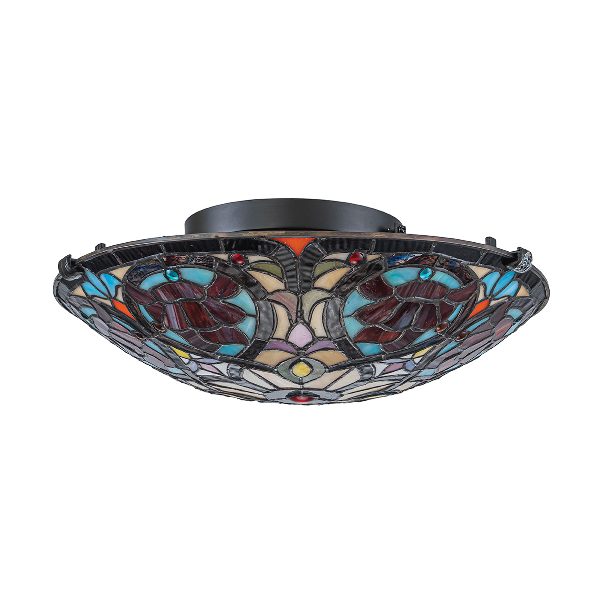 Larissa Ø42 Multicolor De Elstead Lighting - Su pantalla en forma de cuenco está hecha de cristal acrílico de colores en hermosos tonos de rojo, azul, rosa y amarillo, creando un patrón vibrante y lleno de detalles.