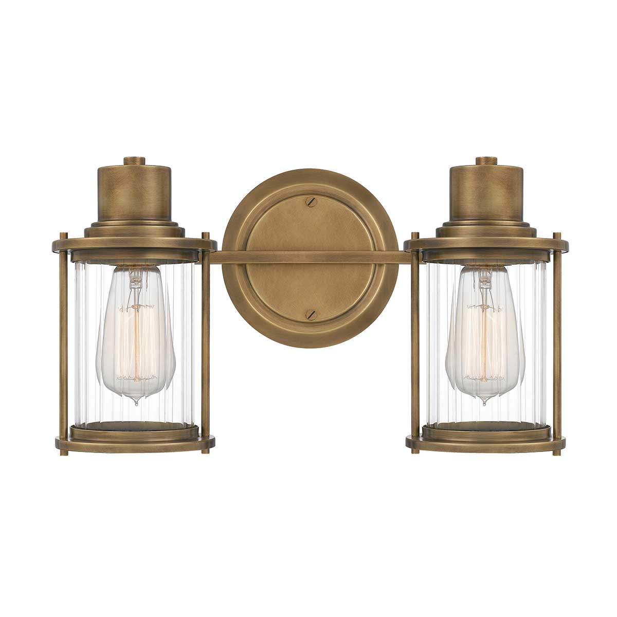 Riggs 38cm Latón crudo lámpara de baño De Elstead Lighting - La lámpara de pared Riggs, fabricada en cristal sin marco, combina un diseño industrial ligero con detalles elegantes como el cristal transparente acanalado.