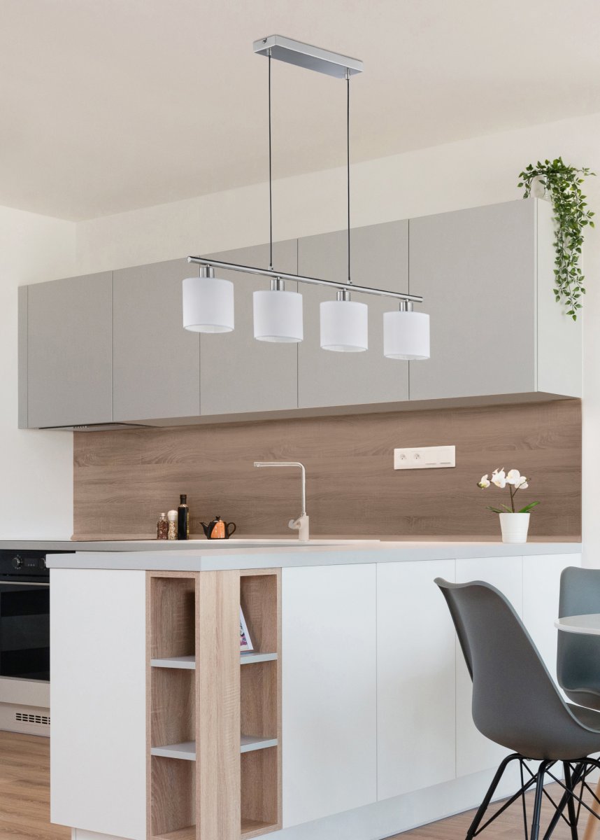 Tommy 75cm Blanco Lámpas de techo De Trio Lighting - Con sus cuatro fuentes de luz y una longitud de colgante ajustable de hasta 150 cm, la l&aacute;mpara es ideal para una iluminaci&oacute;n centrada y para crear una atm&oacute;sfera acogedora.