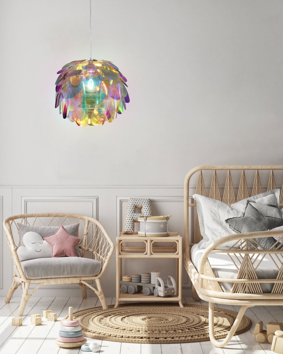 Clover Ø40 Multicolor Lámpas de techo De Trio Lighting - La l&aacute;mpara tiene hojas de pl&aacute;stico en los colores del arco iris (violeta, rojo, verde, azul y amarillo) y crea una atm&oacute;sfera alegre.