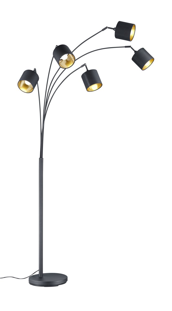 Tommy 5 Negro lámpara de pie De Trio Lighting - Las formas claras y modernas y el metal negro mate con pantallas de tela negra y dorada hacen de la lámpara un detalle de diseño interior elegante y flexible.